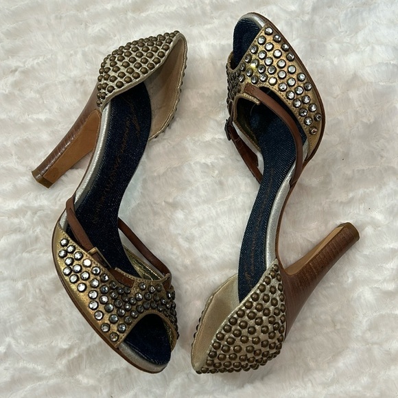 Giuseppe Zanotti Rhinestone Studded Bronze And Brown w Denim Insole Sandals 6.5 - Picture 1 of 12